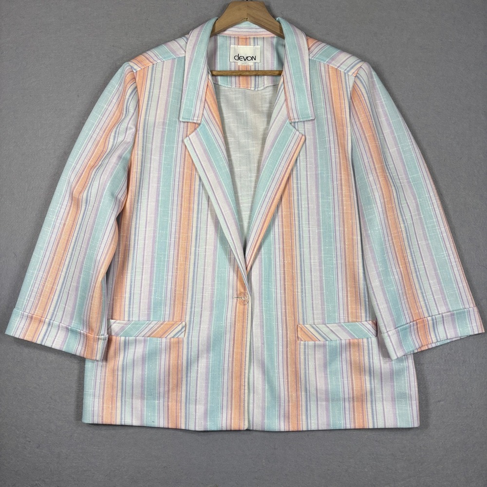 Devon‎ Vintage Womens Pastel Striped Blazer Jacket 16 USA Open Front Preppy